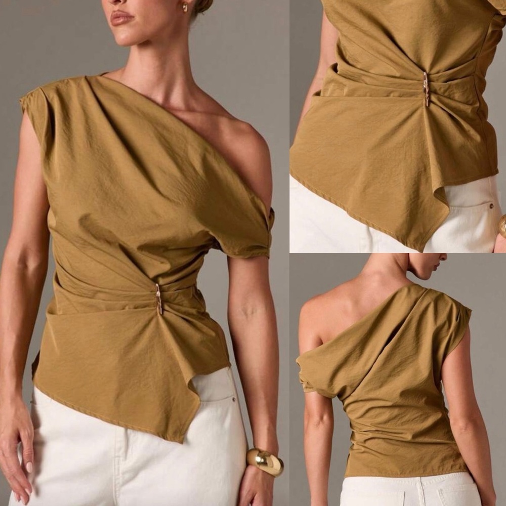 Asymmetrical ruched side gold appliqué detail off shoulder khaki olive green top